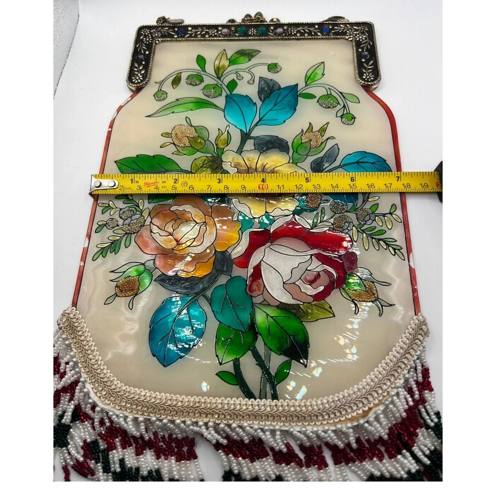 Amia Stained Glass Floral Evening Bag Small Multicolor Excellent Beaded Fringe